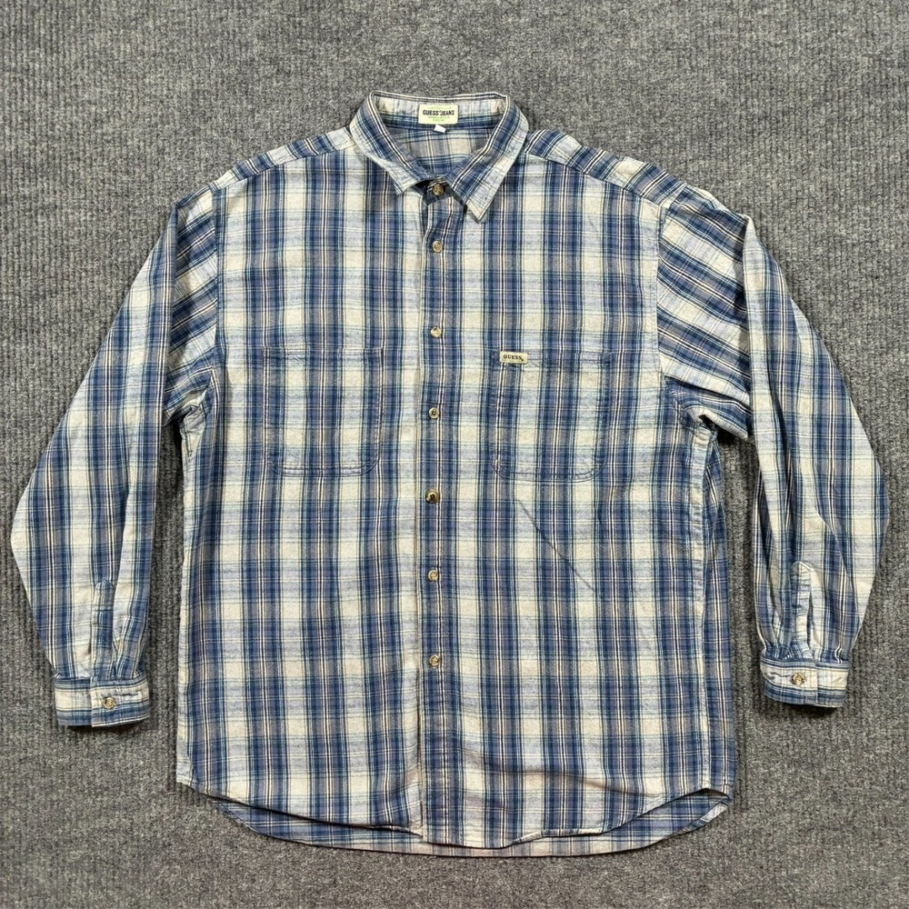 GUESS Jeans Mens Button Up Shirt L Blue Plaid Long Sleeve USA Made Cotton Y2K